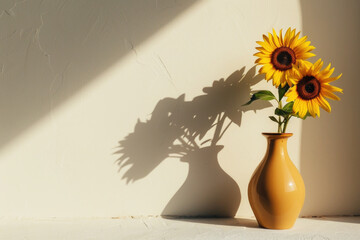 Sunflowers in a ceramic vase, minimalistic background with blurred shadow on a light beige wall - 780695643