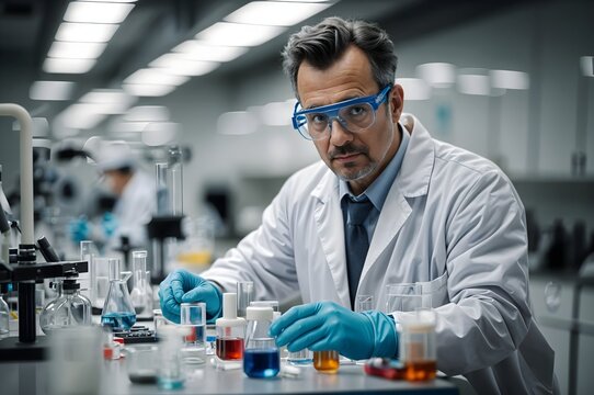 Male caucasian scientist in a lab wearing lab coat, goggles, and gloves, handling test tubes. Concept for science and research