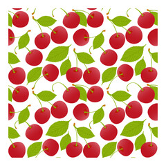 Seamless pattern of ripe cherries with green leaves on a white background, endless pattern of juicy cherry berries. Wrapping paper, textile, vector illustration