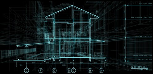 Architecture Section design overlay 3d wireframe perspective resident technology architectural design abstract background