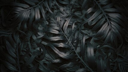  a tropical leaf background made of intricate black textures. The leaves are twisted and intertwined - obrazy, fototapety, plakaty