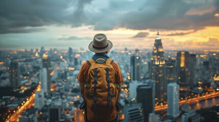 Adult cityscape sunset looking at view adventure, man with backpack at city at sunset