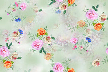 seamless classic pattern with watercolor flowers and leaves. botanical watercolor illustration and background