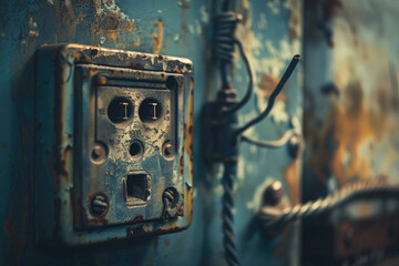 Close-up of an old broken outlet with bare wires sticking out. Replacing electrical wiring in an old apartment, the danger of electricity.