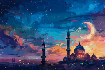 Night scene with mosque and crescent. Eid al Fitr card