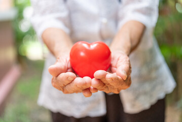 Senior woman Hands holding Red Heart Shape, Hands With Heart Symbol to Giving to Someone....