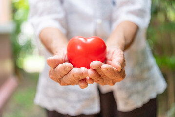 Senior woman Hands holding Red Heart Shape, Hands With Heart Symbol to Giving to Someone....
