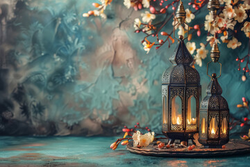 Two lanterns in a room by the wall. Eid al Fitr concept