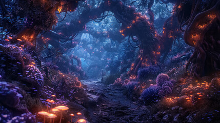 mystical forest at night illuminated by glowing plants and trees - obrazy, fototapety, plakaty