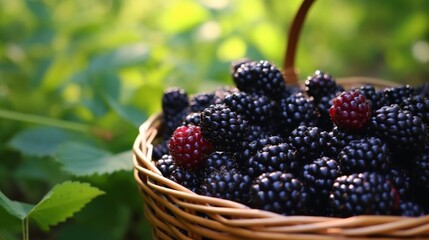 A basket full of juicy blackberries on a dark background - Powered by Adobe