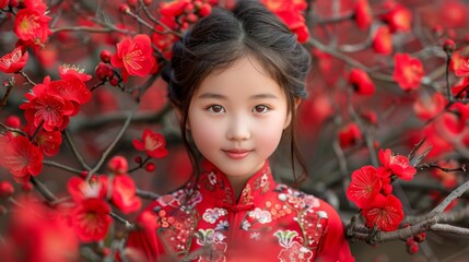The image of a delightful little girl dressed in traditional Chinese attire, smiling brightly as she celebrates the essence of the Lunar New Year, a vibrant symbol of heritage and joy