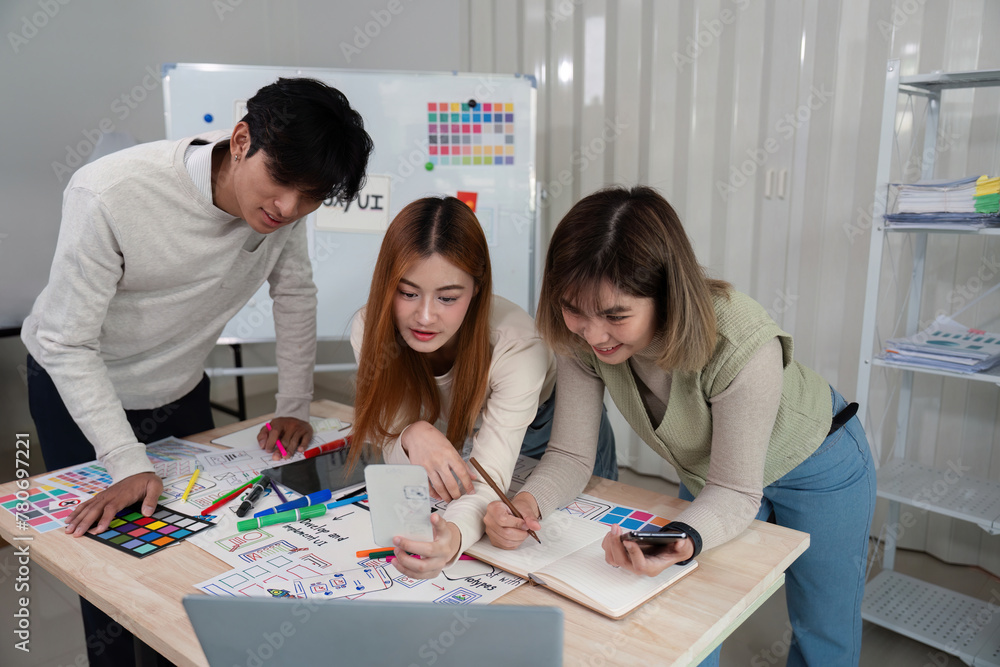 Poster brainstorm team of creative web graphic designer planning. creative designers present ux ui to team.