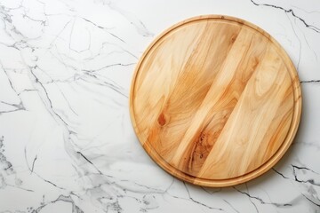 Empty wooden round board on white stone kitchen table, top view. AI generated
