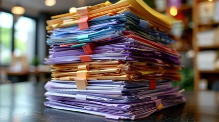 Neatly arranged stacks of documents and folders on an office desk, showcasing organizational efficiency