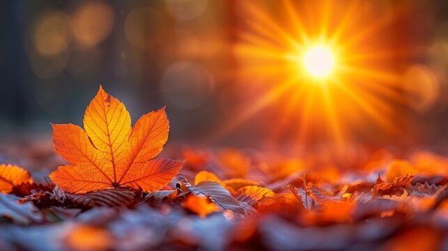 Sunset over an autumn park, its foliage illuminated in a fiery display of oranges and reds, a serene end to a day in the heart of fall