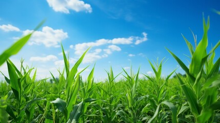 Obraz premium Neat rows of lush green cornstalks standing tall against a clear blue sky