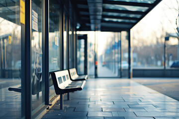 Empty bus stop station, city street, nobody. The concept of accessible public transportation. - obrazy, fototapety, plakaty