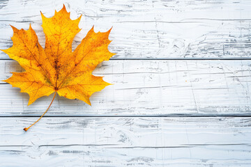 Flat lay with a fall maple leaves and copy space on a white wooden background. AI generated