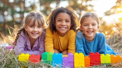 Children's laughter fills the air as they assemble towers from colorful building blocks, creativity and playfulness in every block