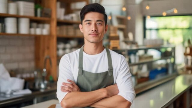 Portrait of a handsome Asian barista in apron standing at a modern coffee shop,
