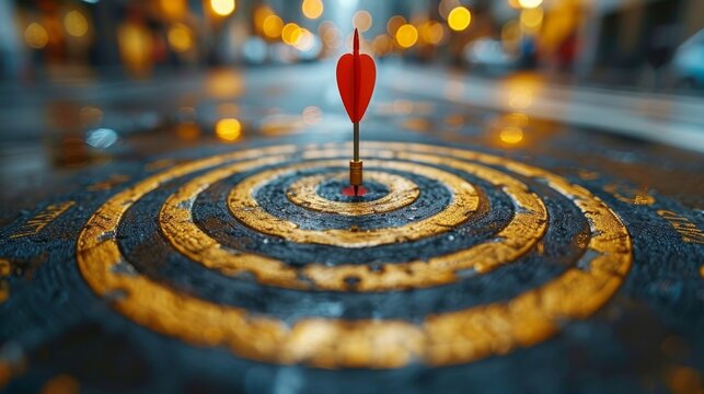 Close-up of an arrow striking the bullseye on a target board, symbolizing accuracy and achievement in a moment of triumph