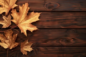 Obraz premium Flat lay with a fall maple leaves and copy space on a brown wooden background. AI generated