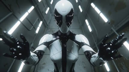 An antagonist in a white and black striped outfit, holding onto a metal ball, standing within the confines of a dark cell - obrazy, fototapety, plakaty