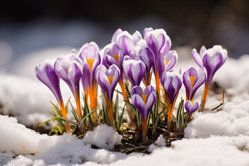 Purple crocuses growing through the snow in spring