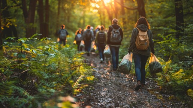 An environmental brigade in the midst of a cleanup, garbage bags in hand, actively preserving the ecosystem