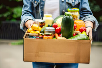 A volunteer holds a cardboard box filled with canned food and various food products, oil, vegetables, milk, charity. Donation and volunteering concept - obrazy, fototapety, plakaty