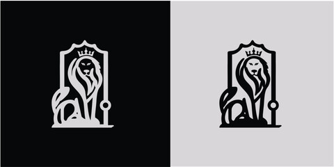 Royal king lion crown symbols. Elegant Black and white Leo animal logo. Premium luxury brand identity icon. Vector illustration.