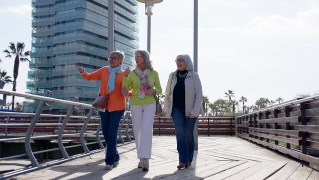 Mature group of tourists exploring the city. Three retired women walking outdoors.