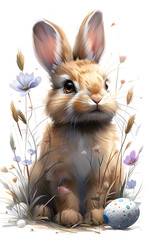 A brown rabbit with whiskers sitting beside an Easter egg and flowers