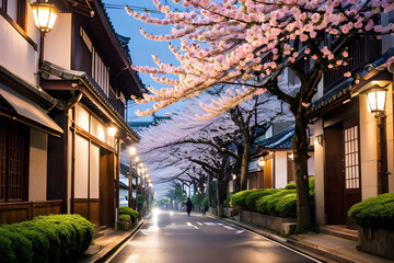 Naklejka premium A rural village with beautiful cherry blossoms, Generative AI