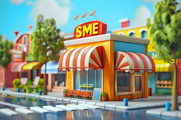 3d illustration shops with sign “SME”, Small and Medium Enterprises