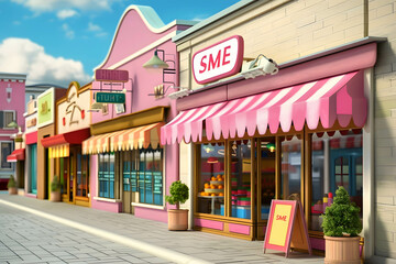 3d illustration shops with sign “SME”, Small and Medium Enterprises
