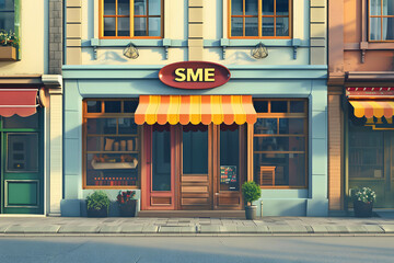3d illustration shops with sign “SME”, Small and Medium Enterprises - obrazy, fototapety, plakaty