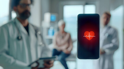 Online medical concept, counseling and treatment using online technology, floating smartphone screen red pulse icon or heart icon