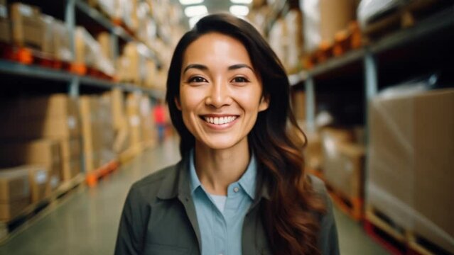 Asian woman in warehouse smiling,Workers are working at the warehouse