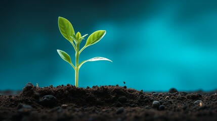 Young green seedling growing in soil with vibrant blue backgroun