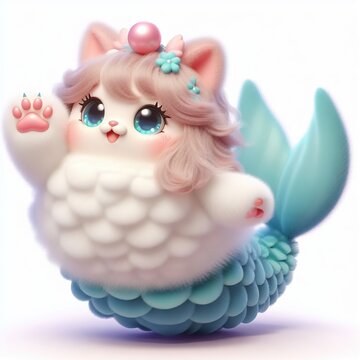 Fluffy 3D image of mermaid, very cute, kawaii