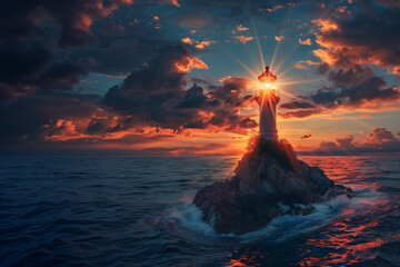 Eine Leuchtturm auf einer Insel mit sonnigem Hintergrund auf dem Meer