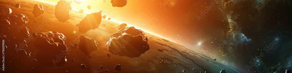 Poster a vivid display of asteroids orbiting near a planetary body with the sun rising in the background