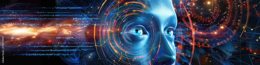 Poster a conceptual representation of an ai with human features amidst a backdrop of digital interfaces