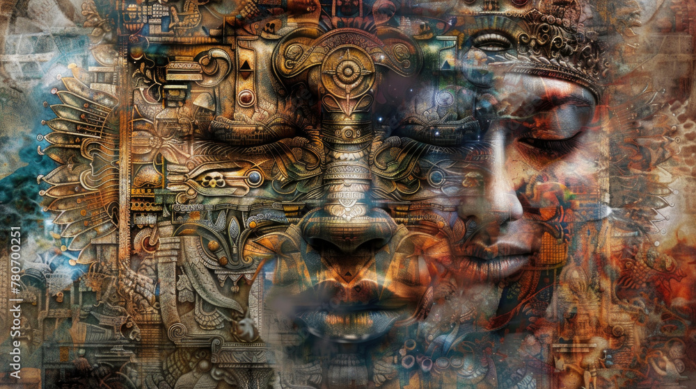 Poster a painting of a persons face adorned with numerous diverse objects and symbols, creating a visually 