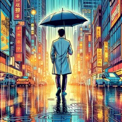 A close up of a person holding an umbrella in the rain, in the style of artwork