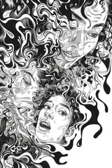 A detailed black and white drawing showcasing a woman with curly hair, emphasizing the intricate texture and style of the hair