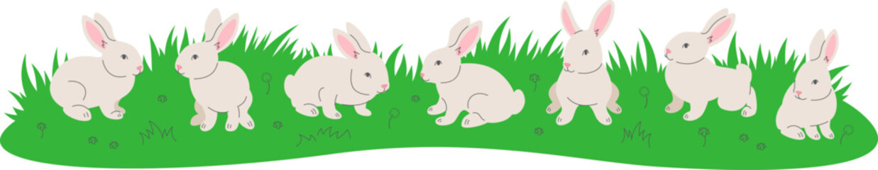 Cute little bunnies playing in green meadow. Hand drawn linear cartoon baby rabbits in different poses sitting in green grass. Horizontal header banner