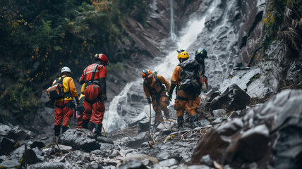 Rescue team in rescue operation from landslide situation .Searching for missing person ,help injured people ..