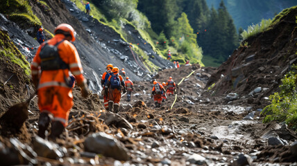 Rescue team in rescue operation from landslide situation .Searching for missing person ,help injured people ..